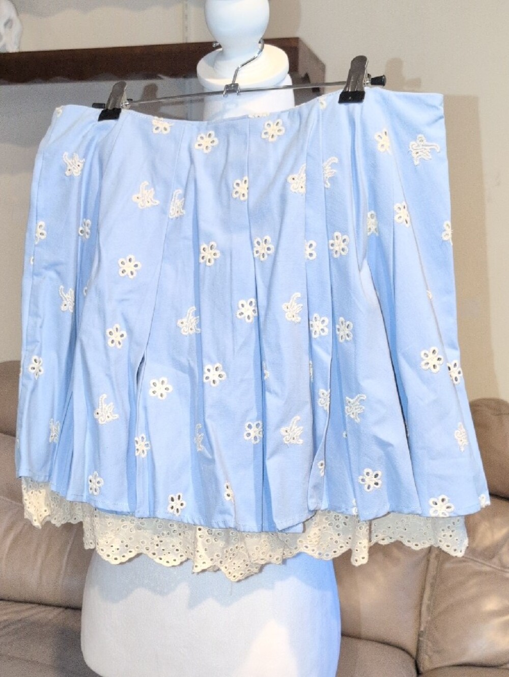 Lacemade Floral Eyelet Embroidered Light Blue Pleated Mini Skirt with Lace Hem - Picture 5 of 16